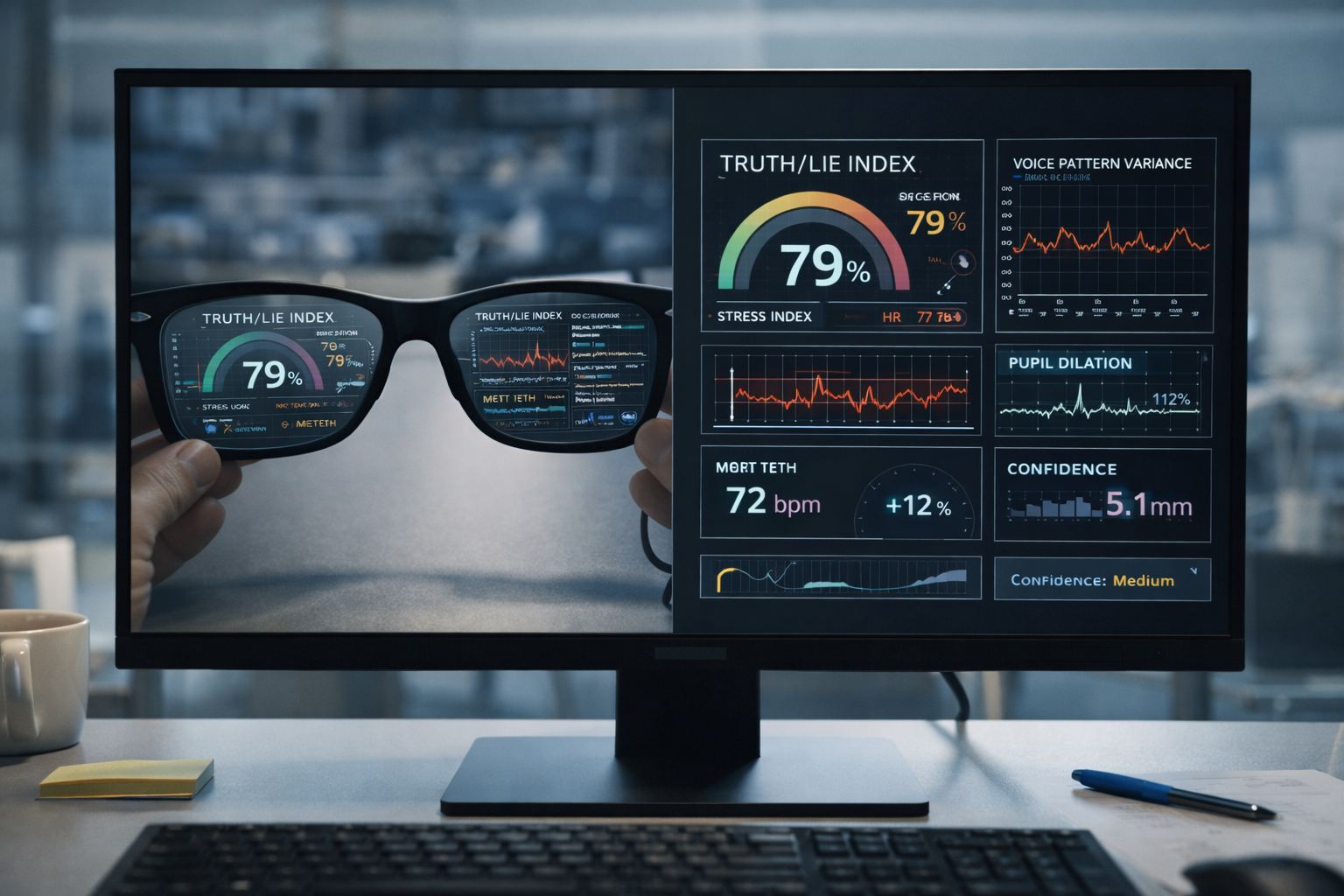 Concept dashboard showing smart glasses signal review and confidence panels