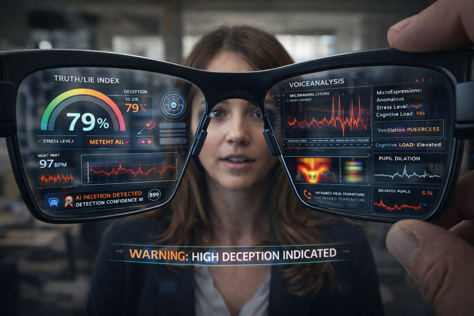 Close-up concept view through smart glasses with signal panels