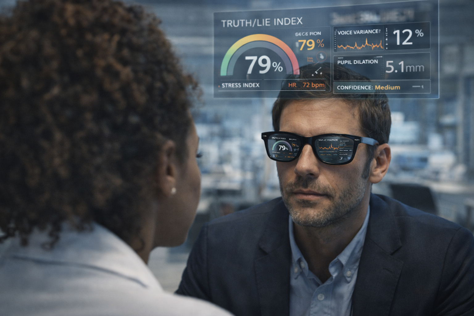 Concept interview scene with smart glasses behavioral signal display
