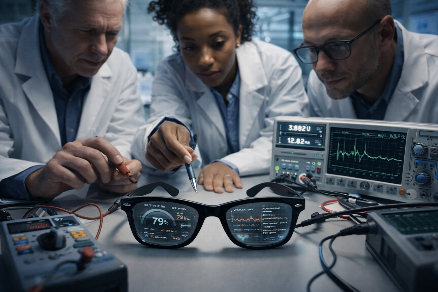 Engineers testing smart glasses with instrumentation in a lab